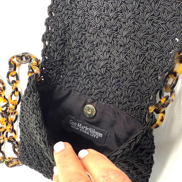 Gun Marie Nilsson NYC Black Macrame Woven Crossbody Purse Tortoise Shell Chain - Picture 2 of 8